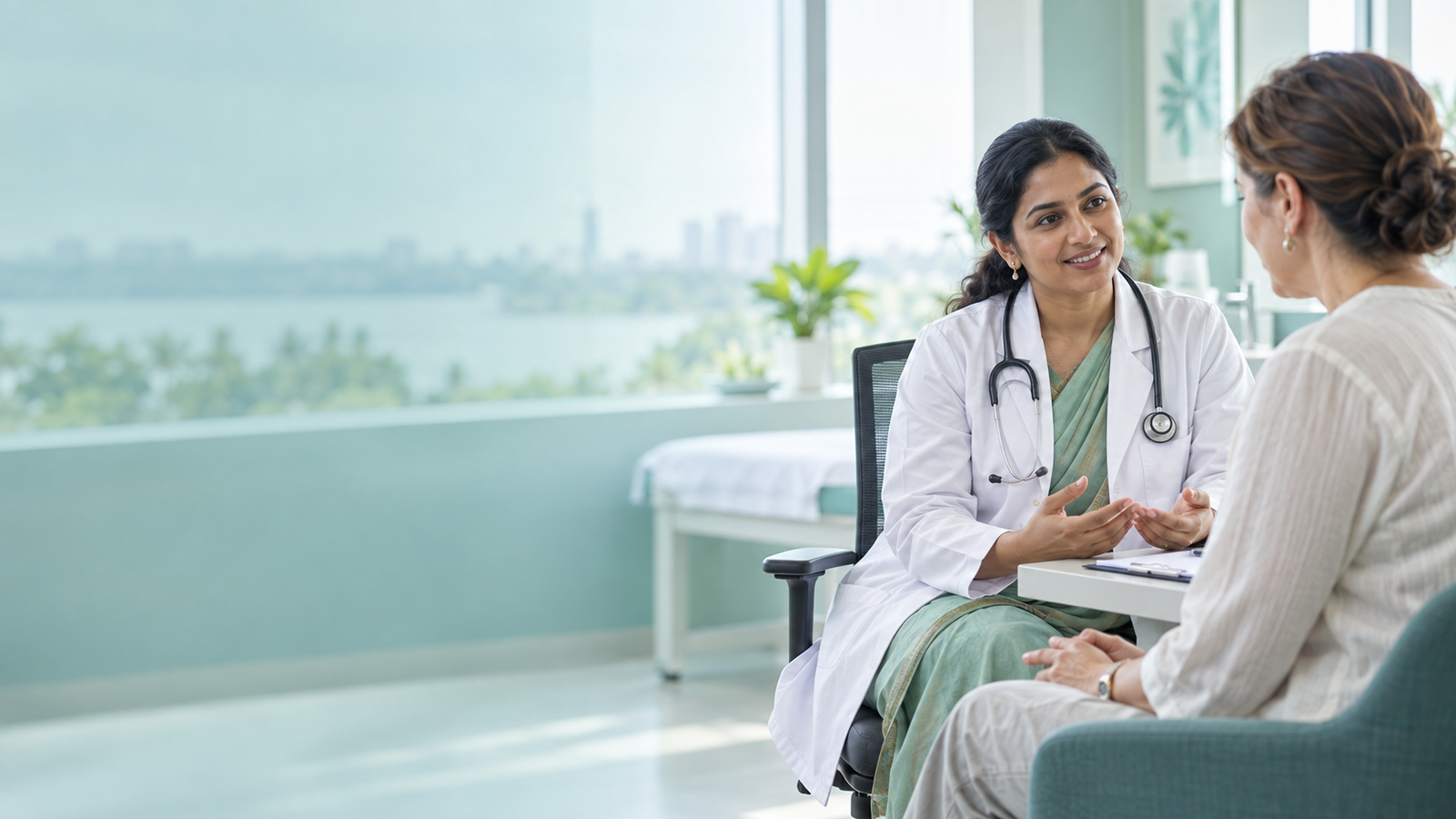Illustrative image of a doctor welcoming a patient in a hospital consultation room